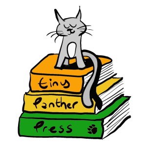 About Us. tiny panther press logo (tiny panther stood on top of three books, one word on each spine : tiny / Panther  Press. There's a paw print on the bottom book as well. 